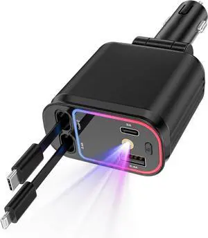 66W Retractable Car Charger Adapter with Starlight 4-in-1 Fast Charging USB C Car Charger with 2 Retractable Cables Compatible with iPhone 16/15/14/13/12/11 Galaxy and Pixel