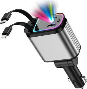 Fast Car Charger with Starlight 4 in 1 Retractable Car Charger 69W USB C Adapter Cars Accessories with Starlight Roof 2 USB Ports Phone Cars Chargers Compatible with iPhone 16 15 14 and Android