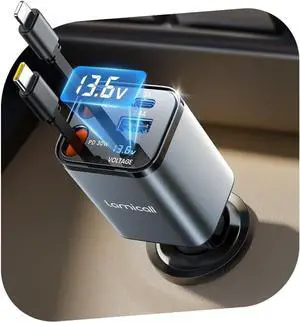 Retractable USB C Car Charger 69W [Upgrade-Compact] 4 in 1 Car Phone Charger Adapter with Bult in 31.5in Retractable Cable for iPhone 16/15/14/13/12/11 Galaxy Pixel Airpods