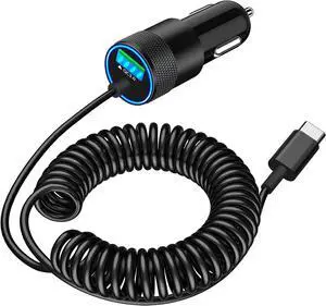 MFi CertifiediPhone 16 Car Charger Fast Charging 75W USB C PD&QC Car Power Cigarette Lighter USB Charger with 6FT Type C Coiled Cable for iPhone 16/16 Pro Max/15 Pro/Galaxy S25/S24/Pixel