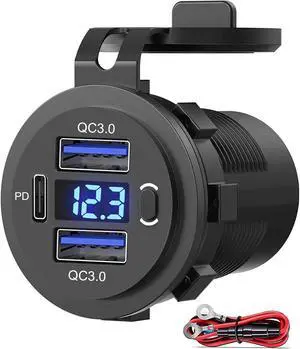 Dual USB Quick Charge 3.0 Port & PD USB C Car Charger Socket 12V USB Outlet with Voltmeter and Power Switch for Car Boat Marine Truck