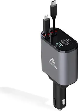 4-in-1 Retractable Fast Charger for Cars: 100W Car USB-C & iPhone Cable USB-C/A Ports - Compatible with iPhone Galaxy Pixel and More.