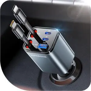 2025 Ultra-Compact Retractable Car Charger 5 in 1 Car Phone Charger with 84W Fast Charging Cables Car Accessories Adapter for iPhone 16/15/14/13/12/11 Galaxy Pixel