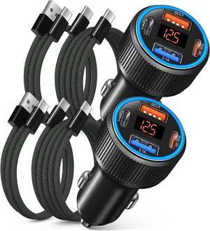 65W 4 Port Super Fast Type C Car Charger USB C for  S25 S24 S23 Ultra A53 A16 iPhone 16 15 PD/QC 3.0 Fast Charging 12V Car Cigarette Lighter Adapter with Voltage Meter+4 Pack USB-C Cables