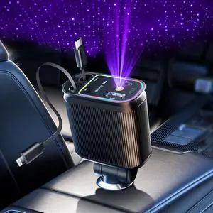 Retractable Car Charger with Starlight 66W Starlight in Car roof 4 in 1 Retractable Car Phone Charger Adapter Fast Charging USB C Cable Compatible with iPhone 16/15/14/13/12/ Pixel