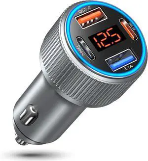 Car Charger USB C 65W Multi Port Dual 12V Cigarette Lighter USB Car Charger Adapter with Voltage Display PD/QC 3.0 Super Fast Charge Car Phone Charger for iPhone 16 15 14 13 12 Pro Max Plus(Gray)