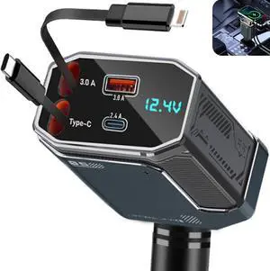 Retractable Car Charger Adapter 4 in 1 Fast Charging Car Adapter 85W USB C Truck Accessories Voltage Display Gifts for Women Men Compatible with iPhone 16 15 14 13 12 Pro Max Plus Galaxy Pixel