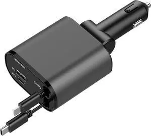 Retractable Car Charger 4 in 1 Fast Charger Car Adapter with Retractable Cables and Dual USB Ports for Smartphones Galaxy S23 MacBook Pro iPad Air and More Black Grey PT-16