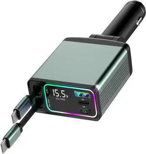 4-in-1 Retractable Car Charger Dual Type-C with 2.62ft Cords & Dual USB Ports Fast Charging Adapter Road Trip Essentials and Travel Gifts for iPhone 16/15/14/13/12 iPad Galaxy Pixel