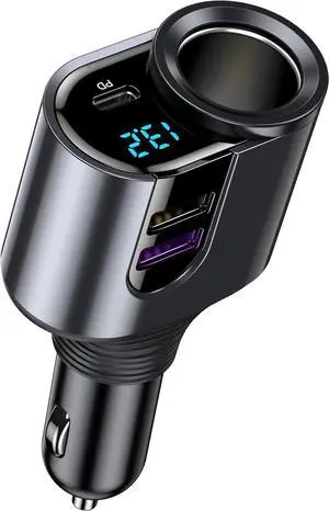 USB C Car Charger Cigarette Lighter Adapter 12V/24V Socket Splitter with 3 USB Ports Type C PD Fast Car Charger Compatible for iPhone Galaxy iPad GPS