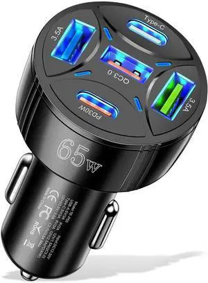 USB C Car Charger 65W 5-in-1 Multi Port PD30W &QC3.0 Super Fast Charging Cigarette Lighter USB Charger for iPhone/Android//iPad Pro and More (Black)