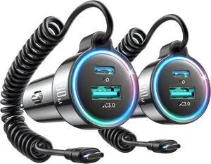 2-Pack 60W Fast Car Charger USB C PD &QC3.0 with 5ft 30W Type C Coiled Cable Car iPhone Charger Adapter Cigarette Lighter for iPhone 16/15 Pro Max Plus  S24/S23 Andriod/Pixel/iPad