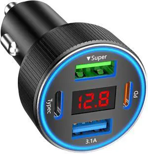 Car Charger USB C 78W 4 Port Fast Charging Car Phone Charger Adapter Dual USB-C & USB-A Cigarette Lighter Adapter with Voltmeter Type C Vehicle Accessories for iPhone 16 15 iPad  Android
