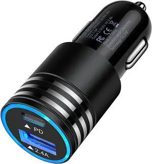 30W USB C Car Charger PD 3.0 & 2.4A Dual Port Fast Charging Car Adapter 12V USB Outlet Cigarette Lighter Plug for iPhone 16e 16 15 Pro Max 15 Plus 14 13 12 11 Pro Max SE XR X  S25 S24 S23 S22