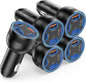 USB C Car Charger Cigarette Lighter Adapter 5 Pack 65W 4-Port Fast Car Phone Charger Accessories Dual USBC & USB-A Multiport Car Adapter Fast Charging for iPhone16/15/14/13 Series  Galaxy iPad