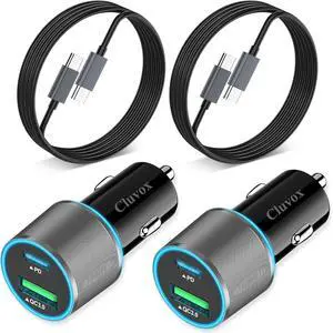 2 Pack 38W USB C Car Charger Fast Charging for iPhone 16 Pro/Max/Plus/15/ Galaxy S25/S24/Ultra/S23/S22 fe Dual Port Cigarette Lighter USB Charger[20W PD+18W QC] with 3.3FT Type C Cable- Grey
