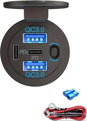 12V USB Charger with 4 Ports Quick Charge 3.0 Ports 12V USB Outlet with Switch for Marine Boat Motorcycle RV Golf Cart (Pack of one)