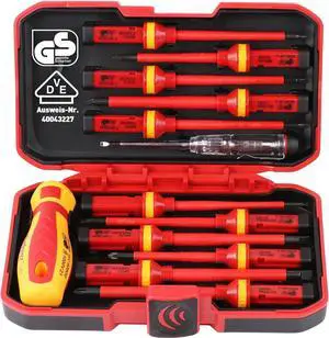 1000V Insulated Electrician Screwdriver Set - 13-Piece Professional Electrical Screwdriver Set Insulation Handle CRV Steel Magnetic Phillips Slotted Pozi Torx Tips VDE & GS Certified