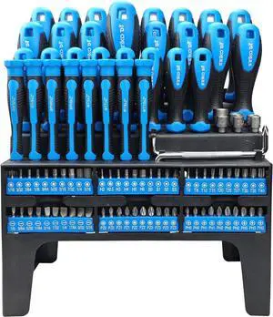 100-Piece Magnetic Screwdriver Set with Plastic Rack Includes Slotted/Phillips/Torx Precision Drivers Non-Slip Rubber Handles Multi-Purpose Hand Tools Ideal Gift for Handymen & DIY Enthusiasts
