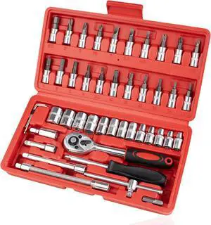 46PCS Small Drive Socket Ratchet Wrench Screwdriver Set 1/4 Inch Metric Socket and Ratchet Wrench Set with Extension Bar Upgrade Compact Tool Set for Car