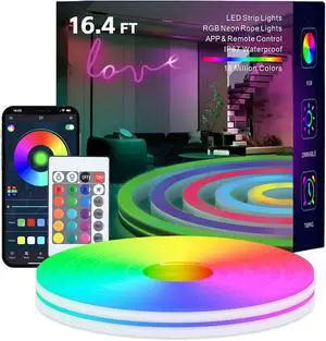 Neon Rope Lights 16.4FT RGB LED Strip Lights App Control IR Remote Outdoor IP67 Waterproof Music Syncing Flexible DIY Design for Bedroom Gaming Party Christmas Decor