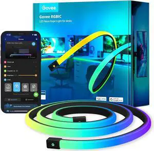 RGBIC Neon Rope Lights for Desks 16.4ft LED Gaming Desk Lights Neon LED Strip Lights Syncing with Razer Chroma Support Cutting Smart App Control Music Sync Adapter (Only 2.4G Wi-Fi)