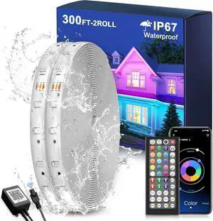 Outdoor LED Strip Lights Waterproof 300FT (2 Rolls of 150ft) with Remote RGB LED Light Strips Music Sync Color Changing Christmas House Rope Lighting for Outside