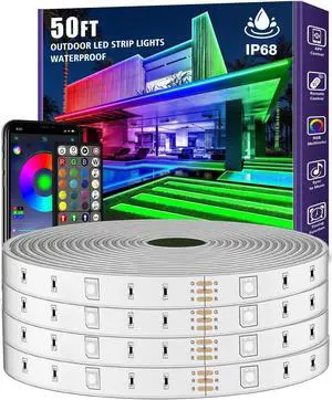 50ft Outdoor LED Strip Lights Waterproof Music Sync RGB IP68 Outside Led Light Strips Waterproof with App and Remote Exterior Led Rope Lights for Deck Balcony Roof Garden Pool