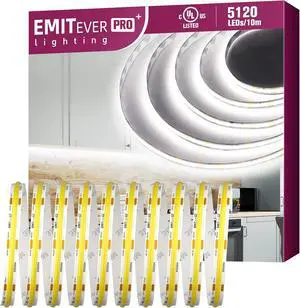 COB LED Strip Lights White 5000K Tape Light Premium High Density DC 24V 400+Lumens/ft 5120LEDs/Spool Ra 90+ 32.8ft/10m UL Listed 5 Year After-Service(Power Supply Sold Separately)