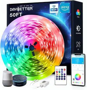 Smart WiFi Led Lights 50 FT RGB Led Strip Lights Compatible with Alexa and Google Assistant App Voice Remote Control Music Sync Color ChangingLED Strip Lighting for Bedroom Room Decor