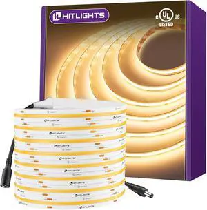 COB LED Strip Lights Warm White 3000K 16.4ft Premium High Density 24V Tape Light 2560 LEDs 350+ LM/FT CRI 90+ IP30 Lighting for Kitchen Cabinets UL Listed (Power Source Not Included)