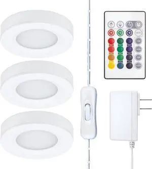 Under Cabinet LED Puck Lighting Kit with 3 RGB Multicolor LED Puck Lights Remote On/Off Switch & Plug in 333310