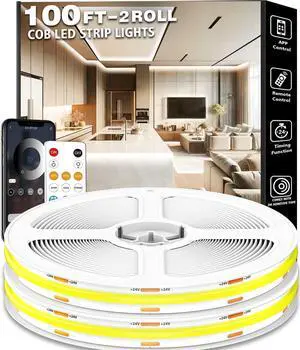 100FT COB Led Strip Lights Uniform 6500K COB Rope Light Bright Daylight White lights High Density App/Remote Control Indoor 24V Cuttable Cabinet Lights for Bedroom Bookshelf Showcase Kitchen