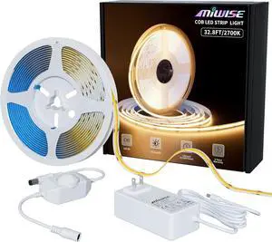 COB LED Strip Light 32.8ft/10m CRI 90+ Warm White 2700K High Lumen Dimmable Super Bright Flexible DC24V LED Tape Light with Controller/Dimmer for Cabinet Home Office DIY Lighting Projects