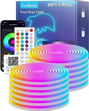 60Ft LED Neon Rope Lights Control with App/Remote Flexible Led Rope Lights Multiple Modes IP65 Outdoor RGB Neon Lights Waterproof Music Sync Gaming Led Light Strip for Bedroom Room Outdoors Décor