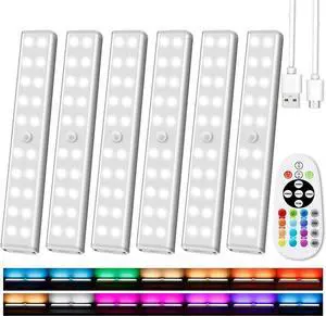 Under Cabinet Lighting Wireless with Remote 48 LED Rechargeable Under Cabinet Lights Kitchen Counter Lights Dimmable LED Closet Light RGB Bar for Shelf Car Hallway 15 Color Changing 6 Pack