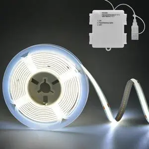 COB LED Light Strip Battery Operated 6.6ft 640 LED Dimmable Strip Lights Cuttable Flexible LED Strip for TV Cabinet Bedroom Kitchen Home Decoration DIY Lighting 6000k Cool White