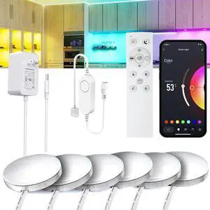 6 PCS Aluminum Round WiFi RGB Under Cabinet Lights Kit Compatible with Alexa Google Assistant App and 2.4G RF Remote Music Sync LED Light with Timmer Dimmable Under Counter Lights for Kitchen Bedroom