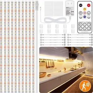 10 PCS Under Cabinet Lights Kit Motion Sensor LED Strip Lights with Remote Dimmable and Timer Warm White Counter Lights for Kitchen Cabinets Cupboards Closets Stairs Shelf Desk and Bed