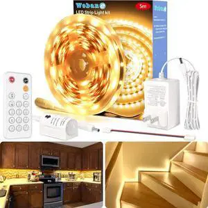 LED Strip Lights Motion Sensor Light Strip with Remote and Adapter Night Light Dimmable Function 16.4ft Tape Lighting for Kitchen Under Cabinet Bedroom Shelf Bed 3000K Warm White