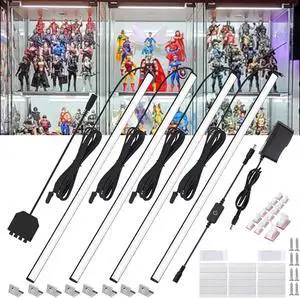 4-Pack 12 Inch LED Display Case Lighting Kit Black Dimmable Bookshelf Light Bars with 12V Power Adapter 6000K Bright White Plug-in Slim Lights for Shelves Curio Cabinets and Bookcases