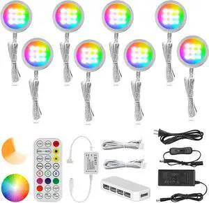 Under Cabinet Lighting Kit 8 Pack Dimmable RGB and CCT LED Puck Lights with Timer Function Wireless Remote Control Linkable Design Ideal for Kitchen Living Room and Display Shelves