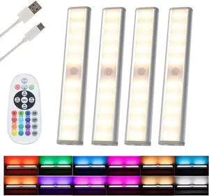48 LED Under Cabinet Lighting Wireless 4 Pack 15 Colors Changeable Rechargeable RGB Under Cabinet Lights Remote Control Under Counter Lights Mini Night Light Bar for Indoor Display Shelf