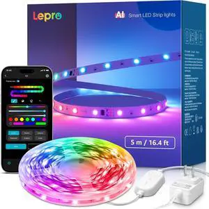 S1 AI LED Strip Lights for Bedroom - 16.4ft Smart RGB Light Strips with IC and Rainbow Chasing Effects Color Segment DIY AI Generated Lighting No Remote 2.4G Wi-Fi & Bluetooth