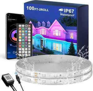 Outdoor LED Strip Lights Waterproof 100FT (2 Rolls of 50ft) IP67 LED Light Strips with Remote RGB Color Changing Christmas House Rope Lighting for Outside
