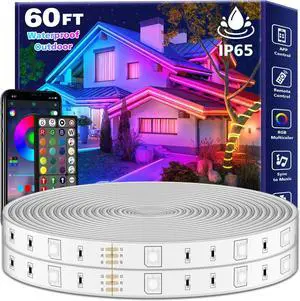60Ft Outdoor Waterproof LED Strip Lights Music Sync RGB IP65 Led Lights with App Control and Remote Color Changing Waterproof Led Rope Lights for Outdoor Balcony Roof Garden Stairs Party (60FT)
