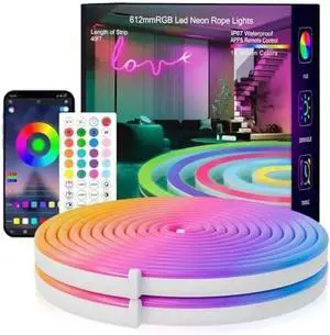 Neon Rope Lights 19.68FT RGB Led Strip Lights Waterproof IP67 DIY Design Music Sync 24 Keys Remote Control Multiple Modes for Living Room Bedroom Holiday Decoration