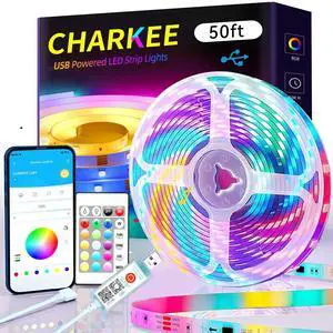 50ft LED Lights USB-Powered RGB Strip Lighting for Bedroom/TV Backlight/Gaming Lighting Color Changing Bluetooth Led Lights with Smart App Control Music Sync Sound Reaction