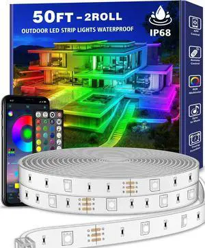 50ft Outdoor LED Strip Lights Waterproof 1 Roll IP68 Outside Led Light Strips with App and Remote Music Sync RGB Exterior Rope Self Adhesive Back for Deck Balcony Pool