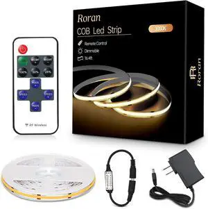 White Cob LED Strip Lights with Remote Warm Lighting Rope Lights Indoor Cuttable Led Light Strips for Mirrors Shelves Cabinets Living Room Bedroom 16.4ft 3000K Dimmable